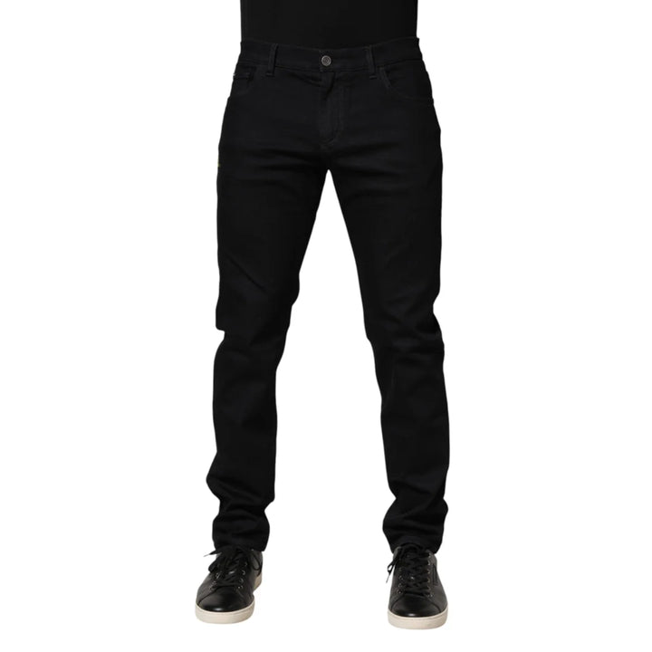 Dolce &amp; Gabbana Black Floral Cotton Skinny Men Denim Jeans