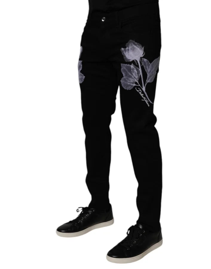 Dolce &amp; Gabbana Black Floral Cotton Skinny Men Denim Jeans