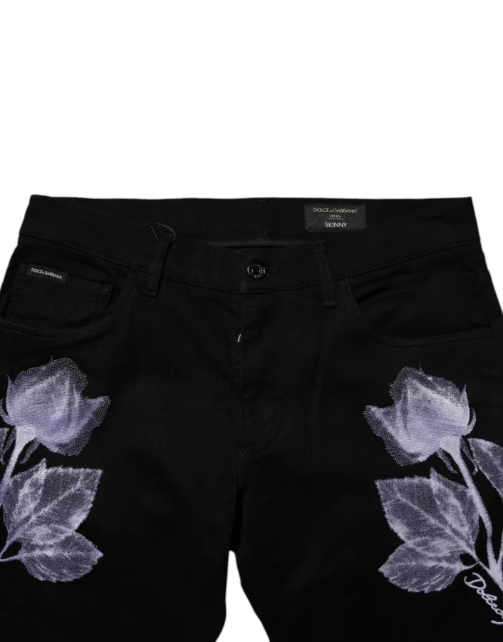 Dolce &amp; Gabbana Black Floral Cotton Skinny Men Denim Jeans