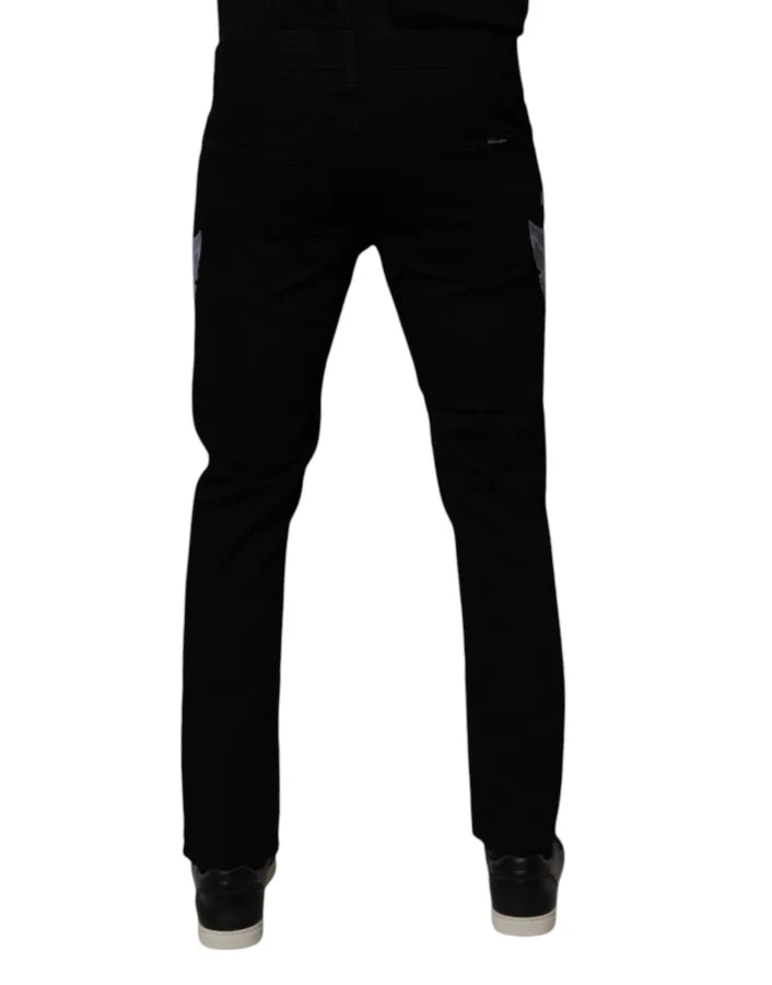 Dolce &amp; Gabbana Black Floral Cotton Skinny Men Denim Jeans