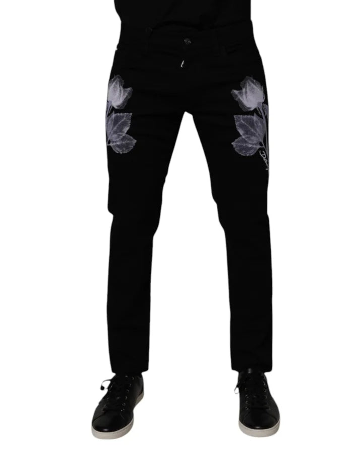 Dolce &amp; Gabbana Black Floral Cotton Skinny Men Denim Jeans