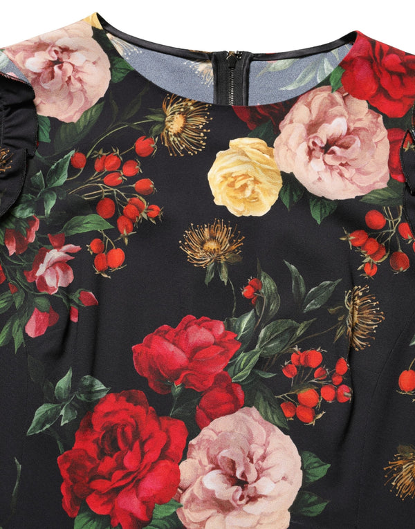 Dolce & Gabbana Blouses - Black Floral Crepe Frill Detail Blouse Top