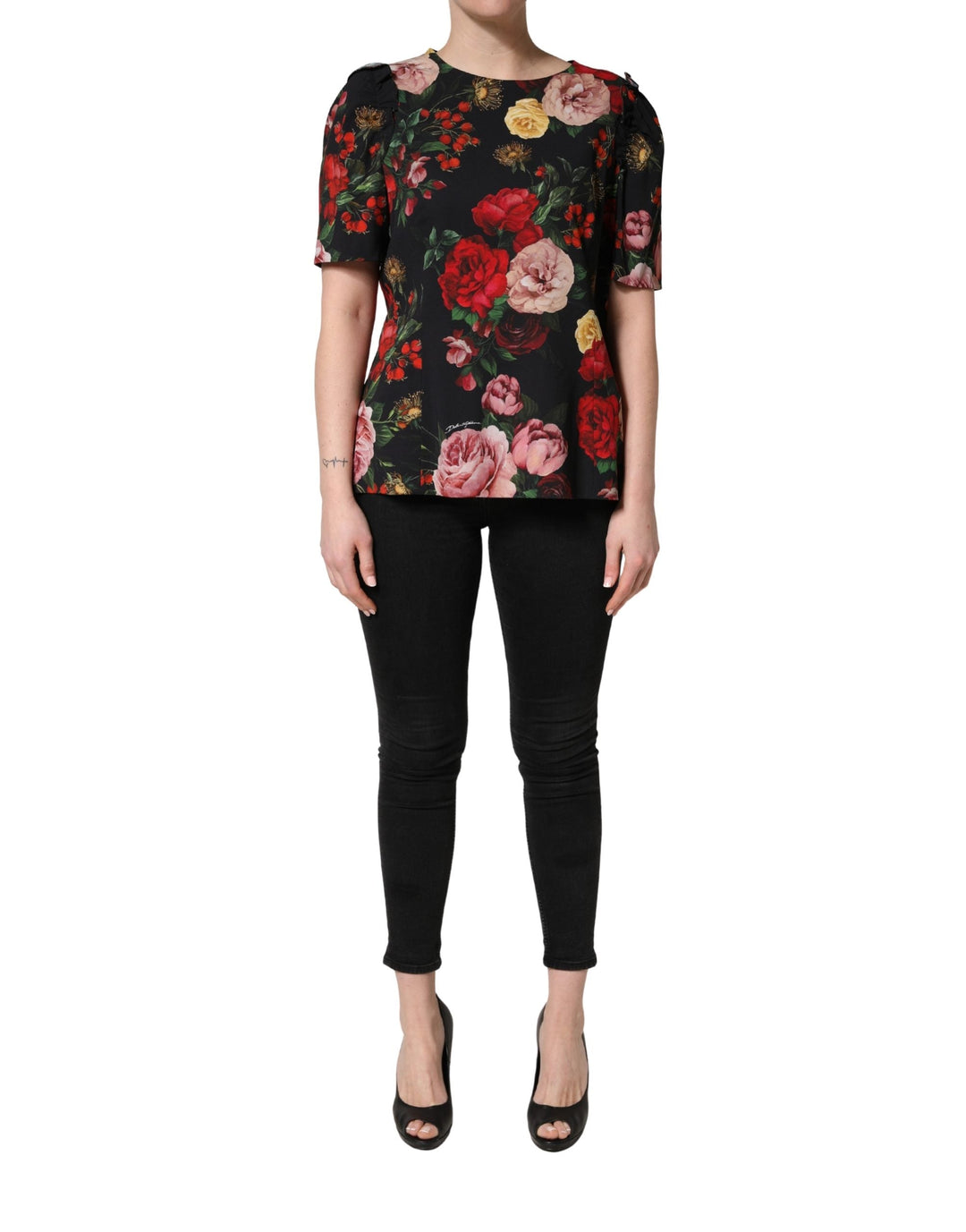 Dolce &amp; Gabbana Blouses - Women’s Black Floral Crepe Frill Detail Blouse Top