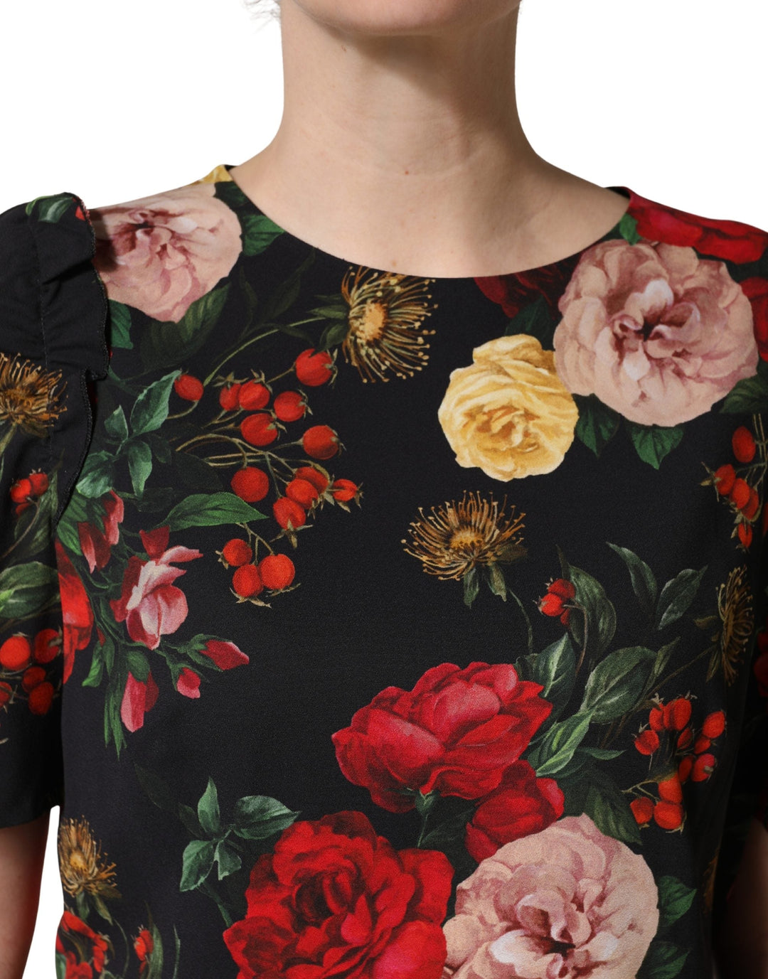 Dolce &amp; Gabbana Blouses - Women’s Black Floral Crepe Frill Detail Blouse Top