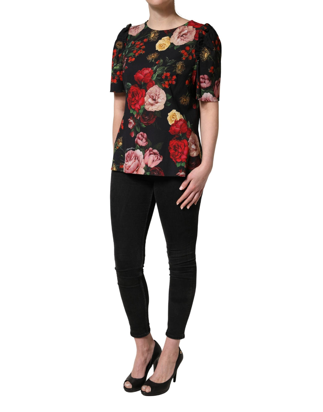 Dolce &amp; Gabbana Blouses - Women’s Black Floral Crepe Frill Detail Blouse Top