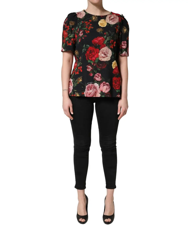 Dolce &amp; Gabbana Black Floral Crepe Frill Detail Blouse Top