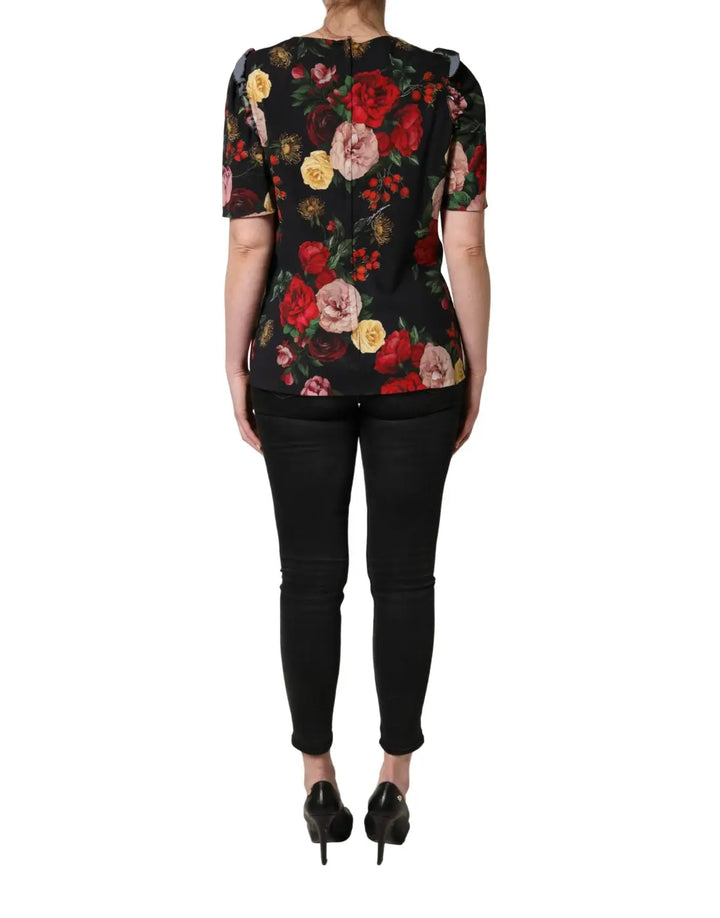 Dolce &amp; Gabbana Black Floral Crepe Frill Detail Blouse Top