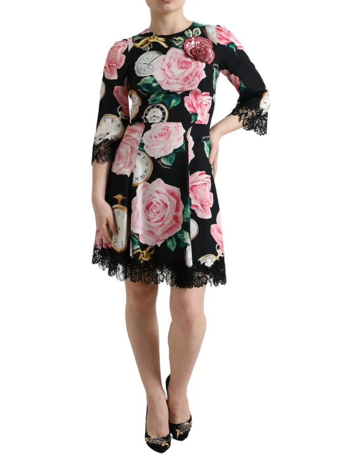 Dolce &amp; Gabbana Black Floral Embellished Lace A-line Dress