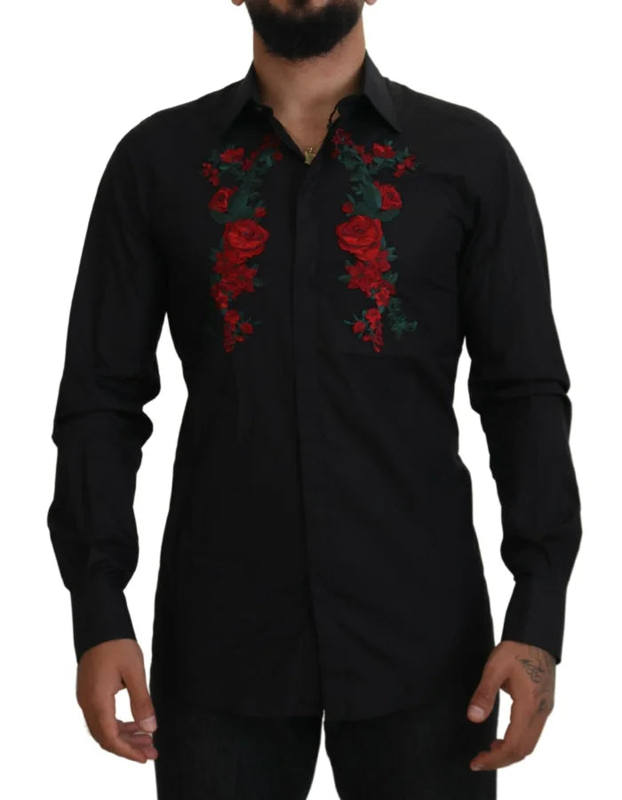 Dolce &amp; Gabbana Black Floral Embroidery Men Long Sleeves GOLD Shirt