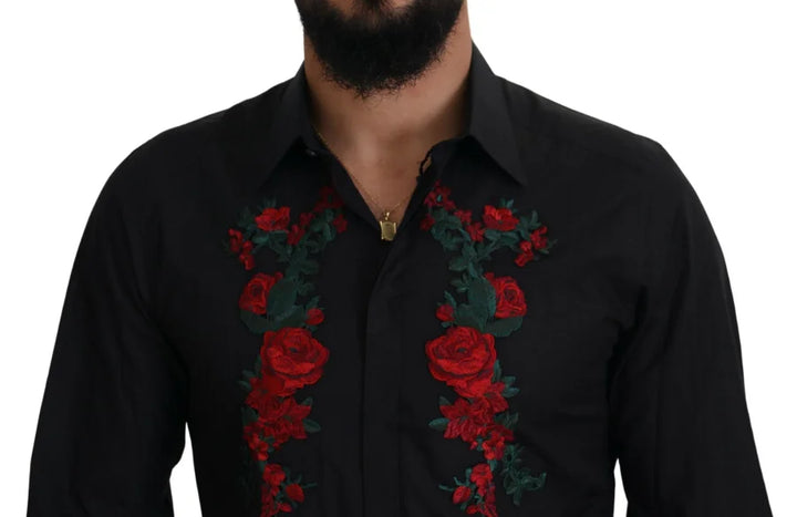 Dolce &amp; Gabbana Black Floral Embroidery Men Long Sleeves GOLD Shirt