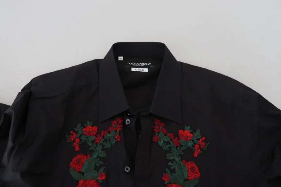 Dolce &amp; Gabbana Black Floral Embroidery Men Long Sleeves GOLD Shirt