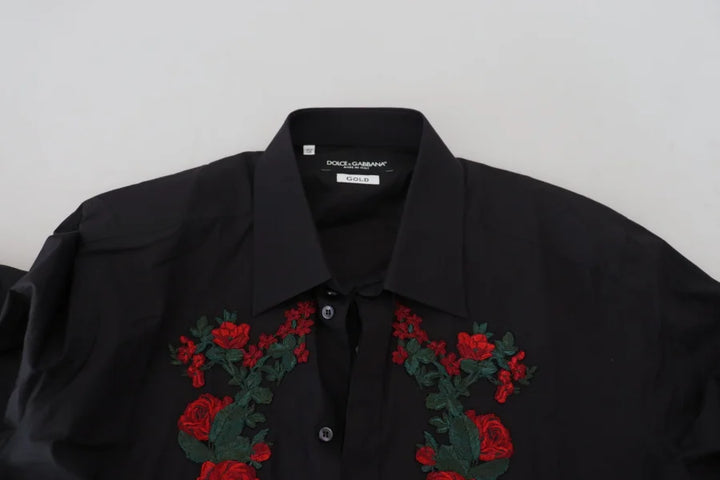 Dolce &amp; Gabbana Black Floral Embroidery Men Long Sleeves GOLD Shirt