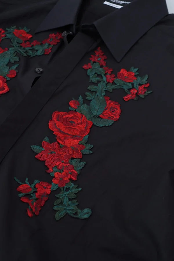 Dolce &amp; Gabbana Black Floral Embroidery Men Long Sleeves GOLD Shirt