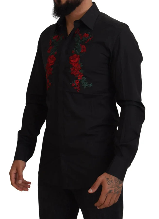 Dolce &amp; Gabbana Black Floral Embroidery Men Long Sleeves GOLD Shirt