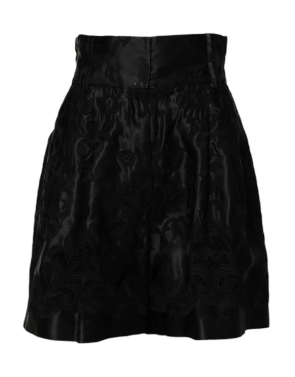Dolce & Gabbana Black Floral Embroidery Silk High Waist Shorts