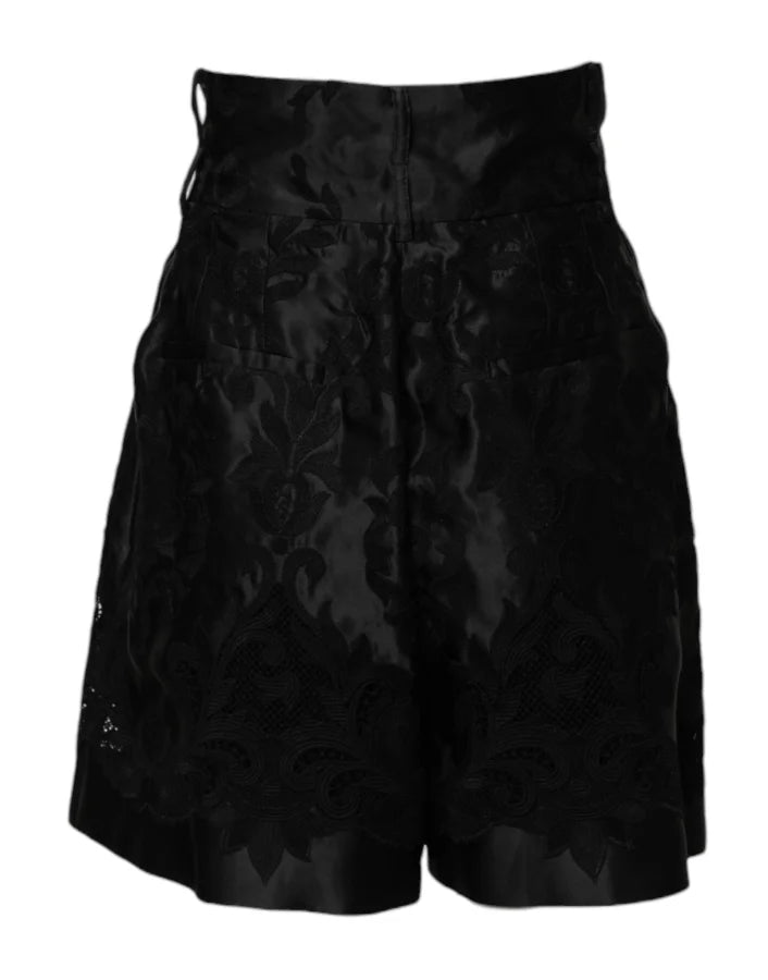 Dolce &amp; Gabbana Black Floral Embroidery Silk High Waist Shorts