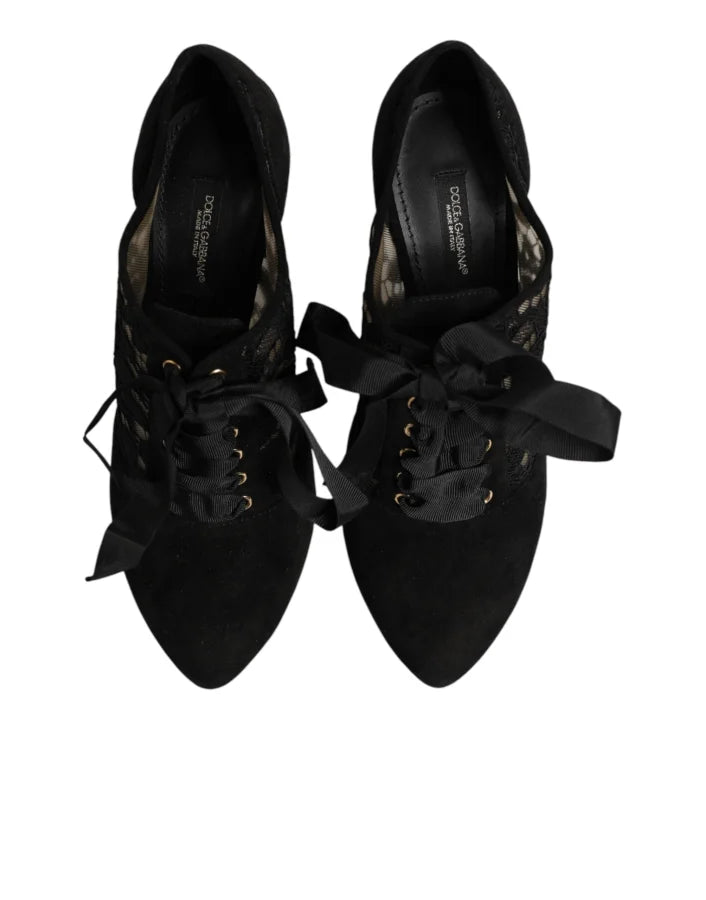 Dolce &amp; Gabbana Black Floral High Heels LACE-UPS Pumps Shoes