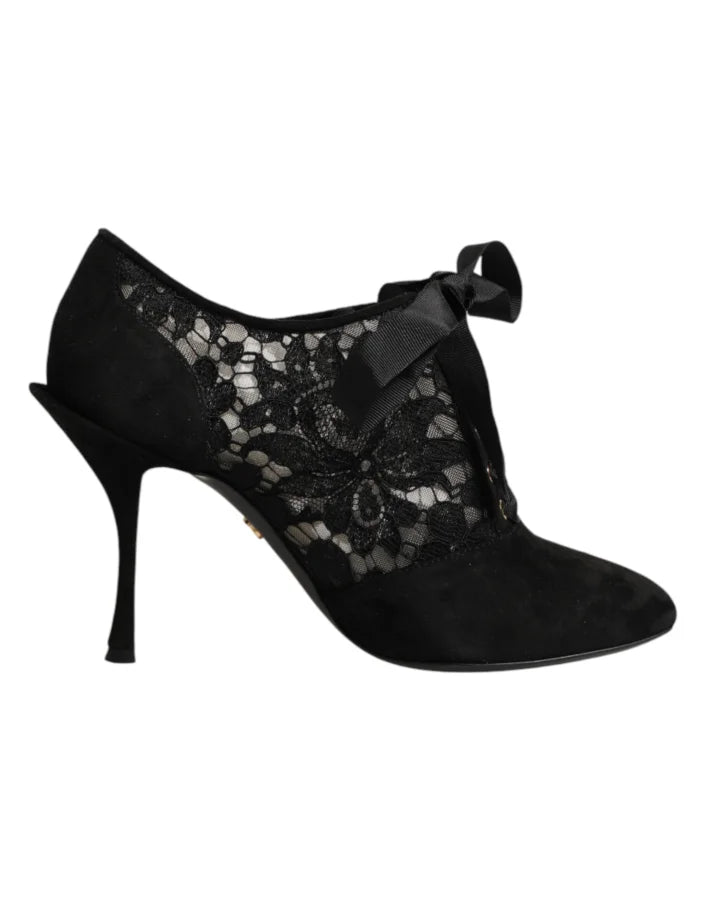 Dolce &amp; Gabbana Black Floral High Heels LACE-UPS Pumps Shoes