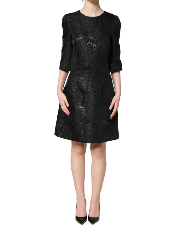 Dolce & Gabbana Black Floral Jacquard Flared A-line Dress women’s dress