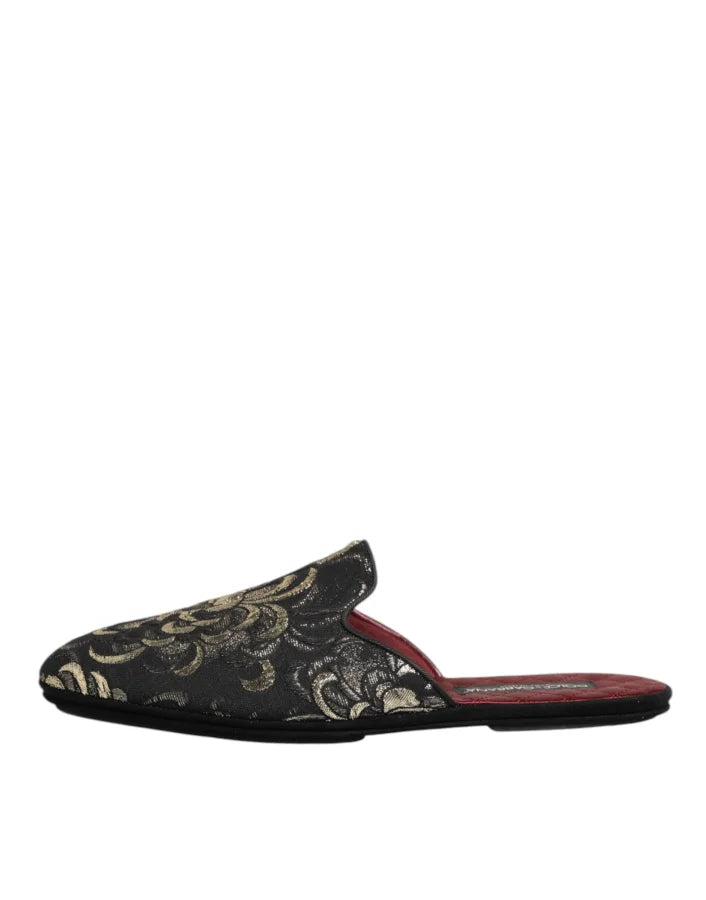 Dolce &amp; Gabbana Black Floral Jacquard Slides Slippers Shoes