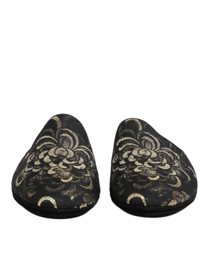Dolce &amp; Gabbana Black Floral Jacquard Slides Slippers Shoes