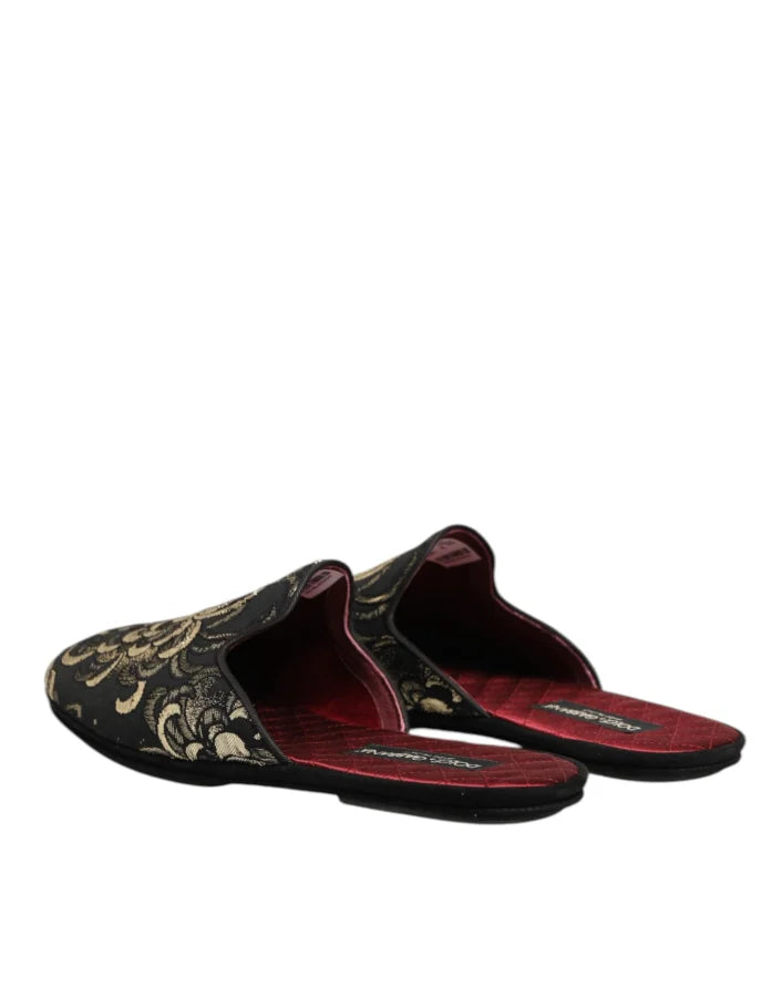 Dolce &amp; Gabbana Black Floral Jacquard Slides Slippers Shoes