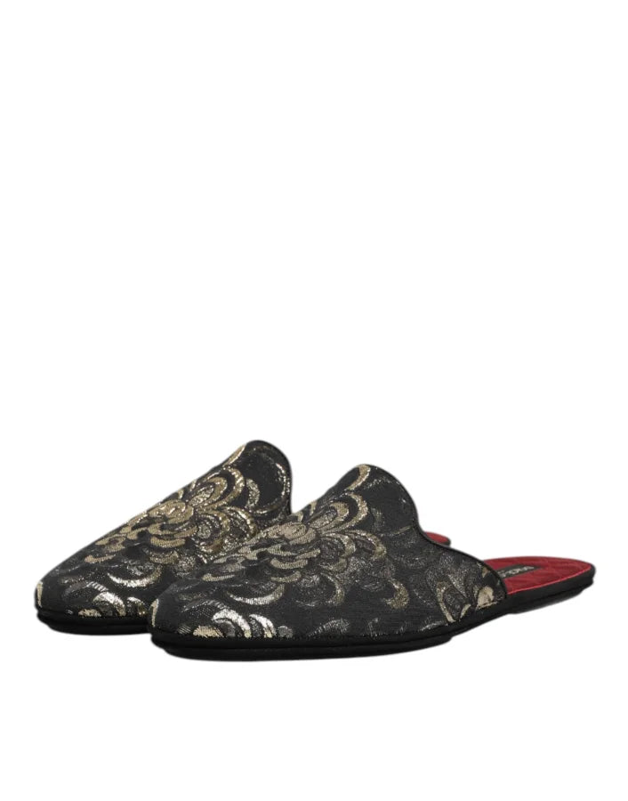 Dolce &amp; Gabbana Black Floral Jacquard Slides Slippers Shoes
