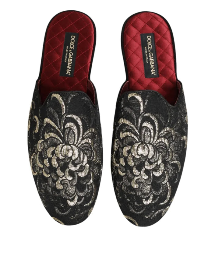 Dolce &amp; Gabbana Black Floral Jacquard Slides Slippers Shoes