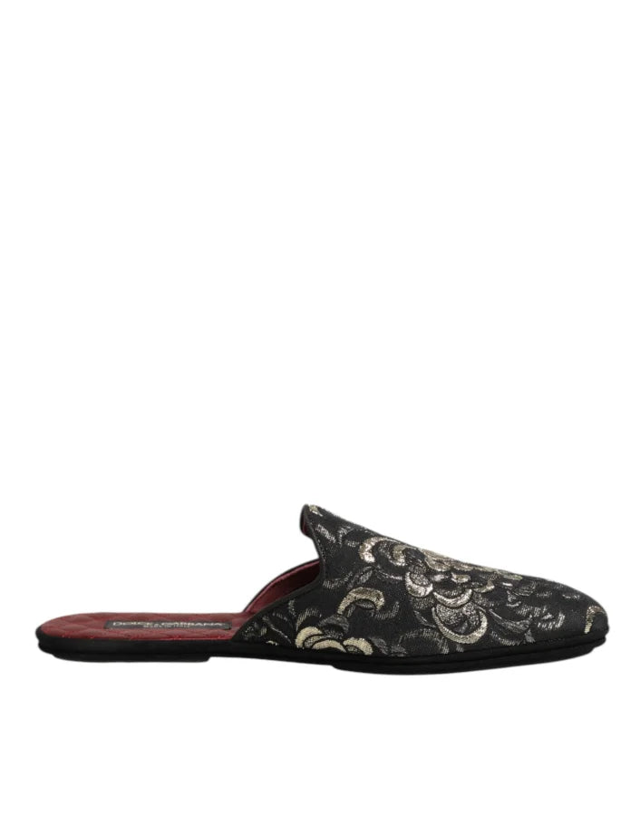 Dolce &amp; Gabbana Black Floral Jacquard Slides Slippers Shoes