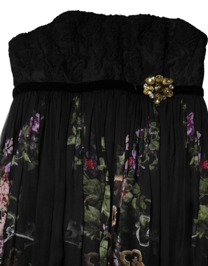 Dolce &amp; Gabbana Black Floral Key Print Crystal Strapless Dress