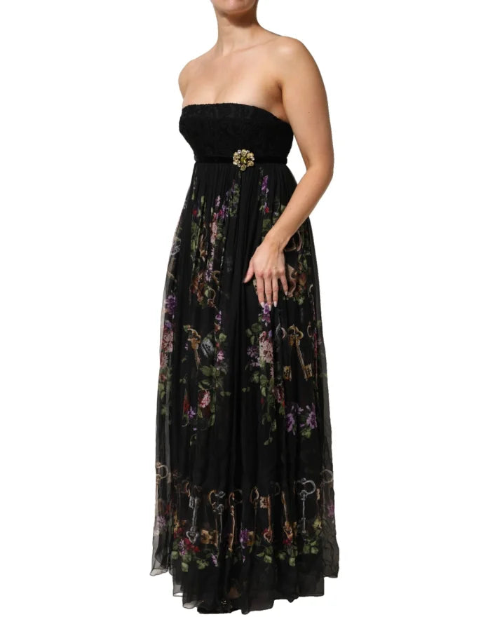 Dolce &amp; Gabbana Black Floral Key Print Crystal Strapless Dress