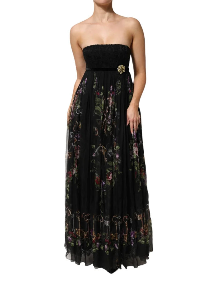 Dolce &amp; Gabbana Black Floral Key Print Crystal Strapless Dress