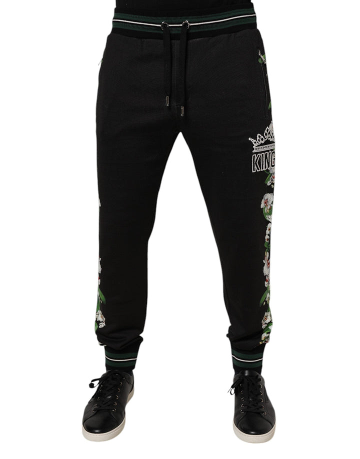 Dolce &amp; Gabbana Black Floral King Men Jogger Sweatpants Pants