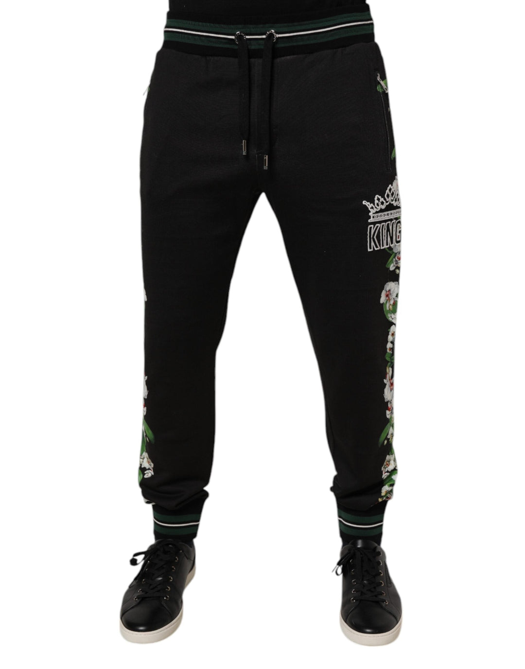 Dolce &amp; Gabbana Black Floral King Men Jogger Sweatpants Pants