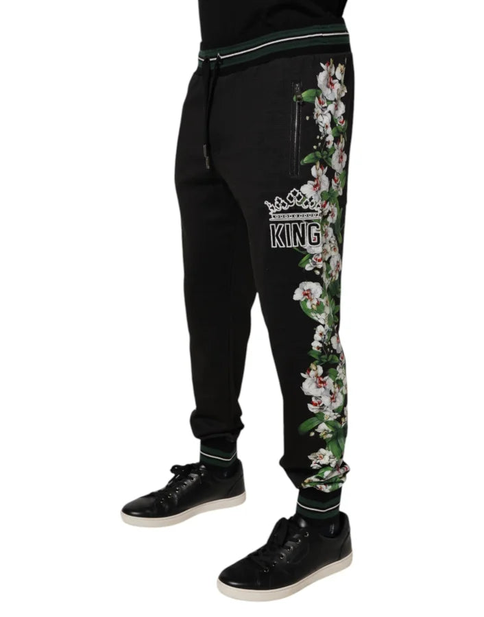 Dolce &amp; Gabbana Black Floral King Men Jogger Sweatpants Pants