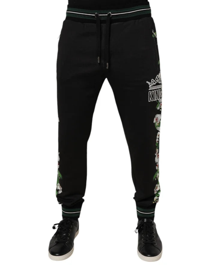 Dolce &amp; Gabbana Black Floral King Men Jogger Sweatpants Pants
