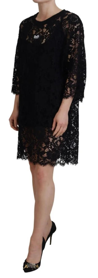 Dolce &amp; Gabbana Black Floral Lace Cotton Shift Mini Dress
