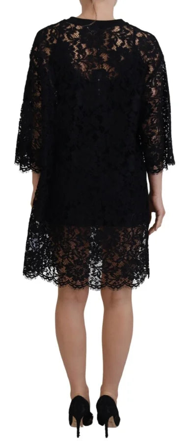 Dolce &amp; Gabbana Black Floral Lace Cotton Shift Mini Dress