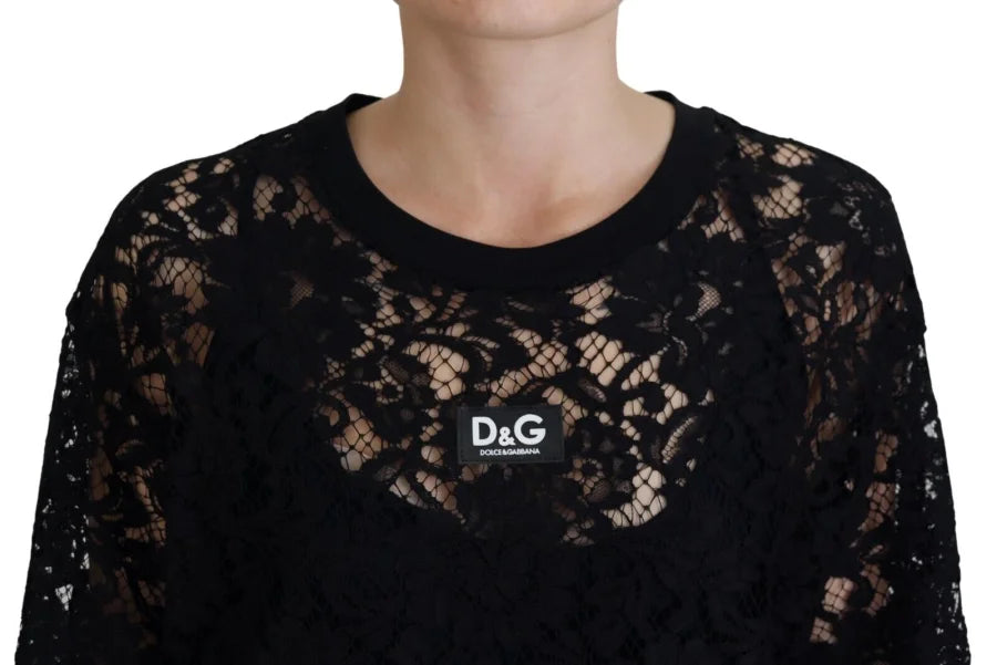 Dolce &amp; Gabbana Black Floral Lace Cotton Shift Mini Dress