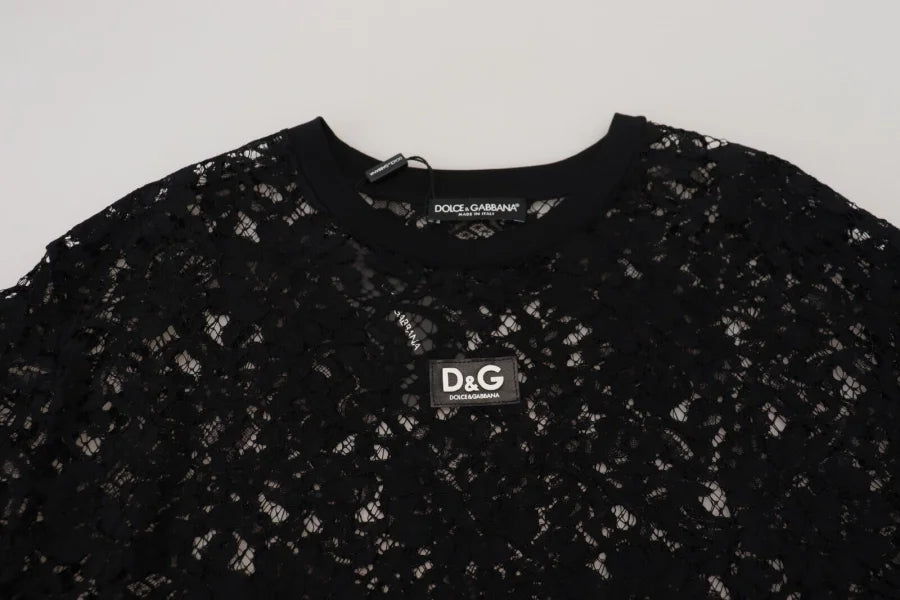 Dolce &amp; Gabbana Black Floral Lace Cotton Shift Mini Dress