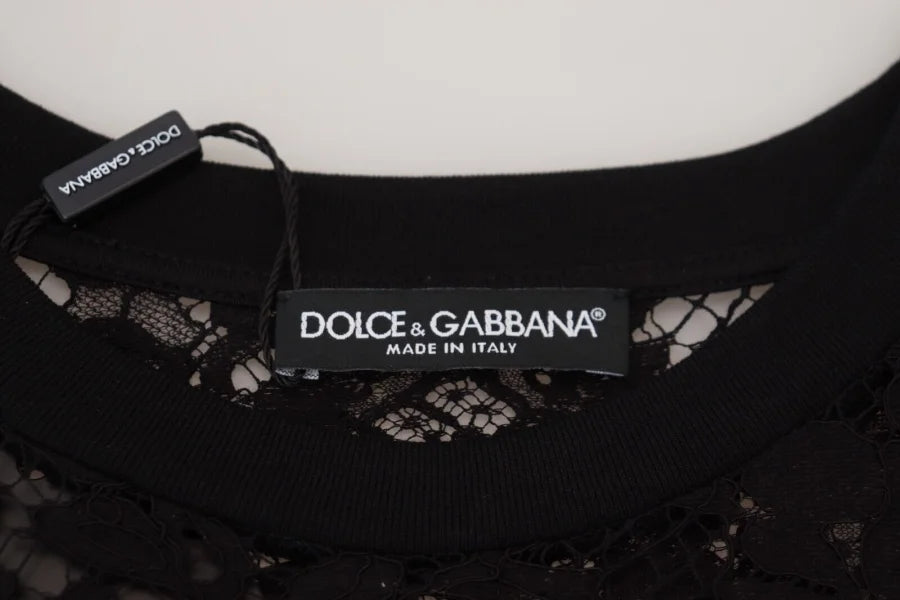 Dolce &amp; Gabbana Black Floral Lace Cotton Shift Mini Dress