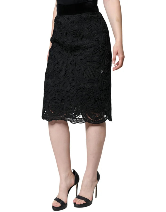 Dolce &amp; Gabbana Black Floral Lace HighWaist Pencil Cut Skirt