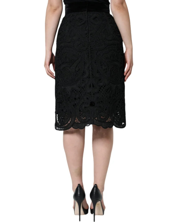 Dolce &amp; Gabbana Black Floral Lace HighWaist Pencil Cut Skirt