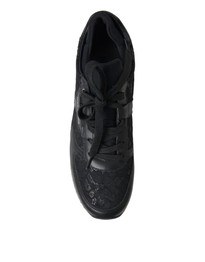 Dolce &amp; Gabbana Black Floral Lace Leather Sneakers Shoes