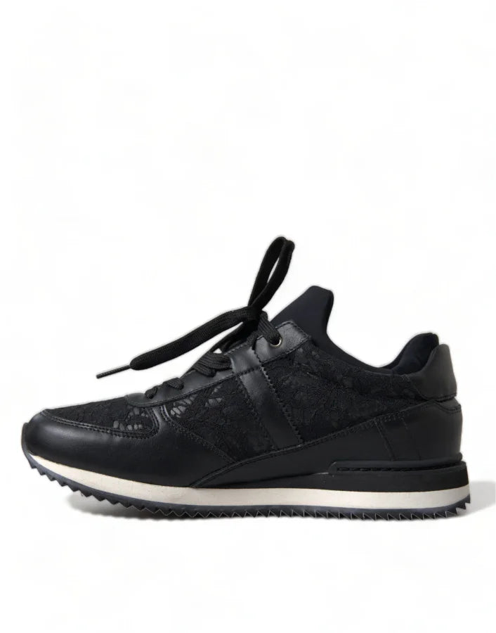 Dolce &amp; Gabbana Black Floral Lace Leather Sneakers Shoes