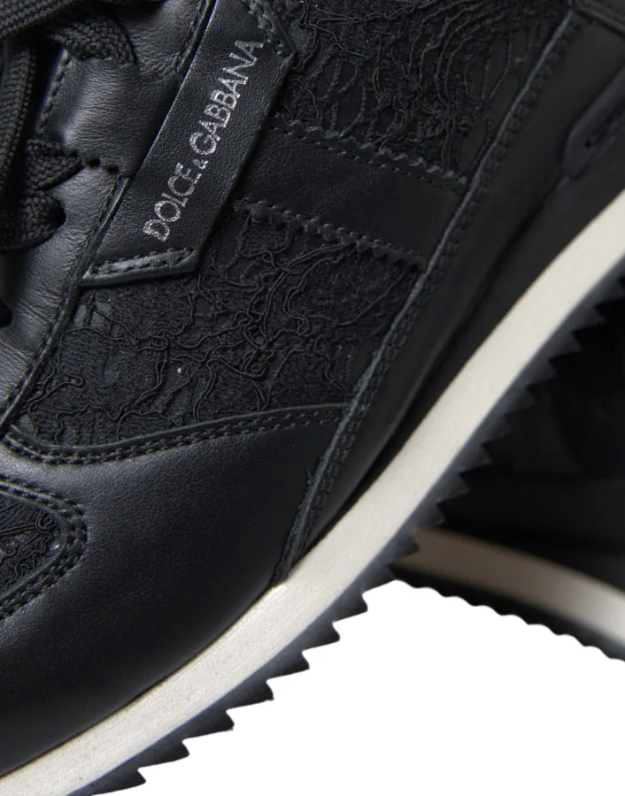 Dolce &amp; Gabbana Black Floral Lace Leather Sneakers Shoes