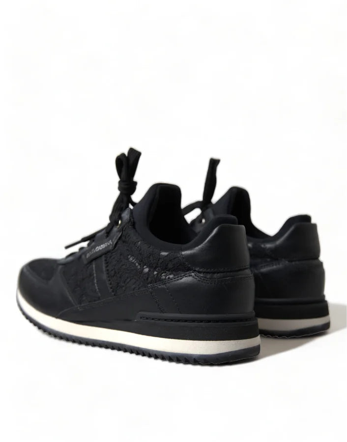 Dolce &amp; Gabbana Black Floral Lace Leather Sneakers Shoes