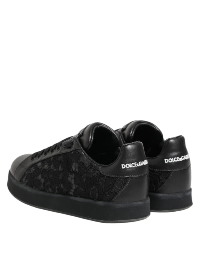 Dolce &amp; Gabbana Black Floral Lace Low Top Sneakers Shoes