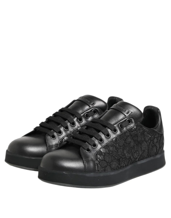 Dolce &amp; Gabbana Black Floral Lace Low Top Sneakers Shoes