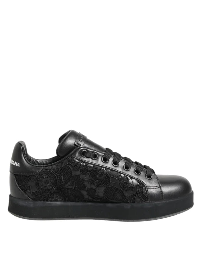 Dolce &amp; Gabbana Black Floral Lace Low Top Sneakers Shoes